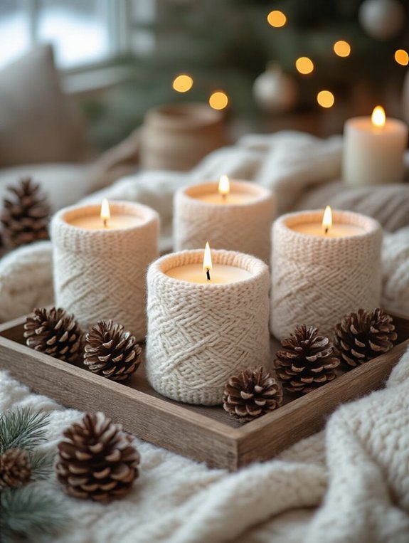 knit candles on trays