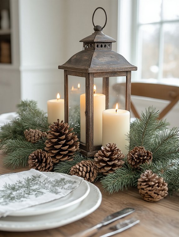 rustic lantern playful pinecones