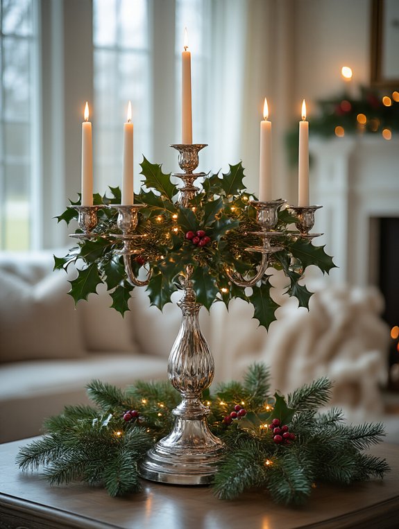 silver candelabra with holly
