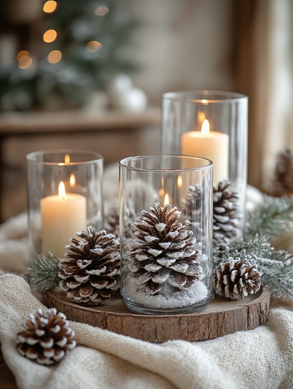 snowy pine cone display