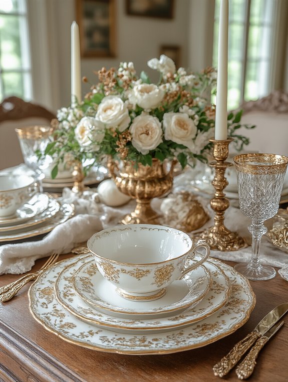 vintage gold white table setting