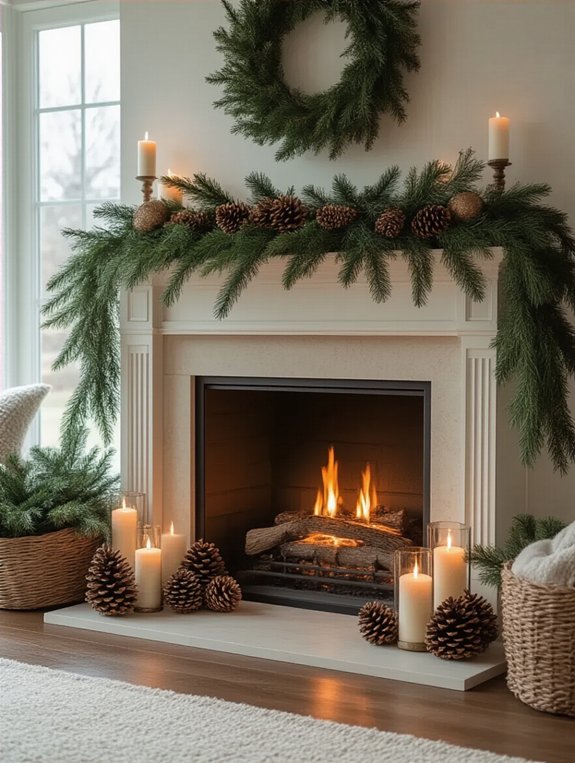 winter mantel with greenery