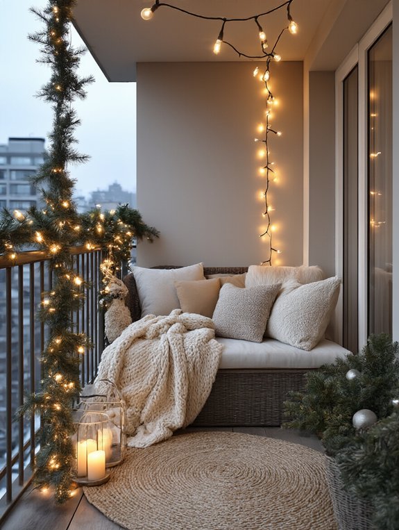 cozy balcony string lights