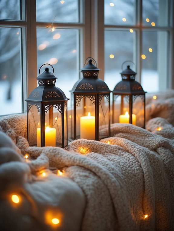 cozy lanterns on windowsills