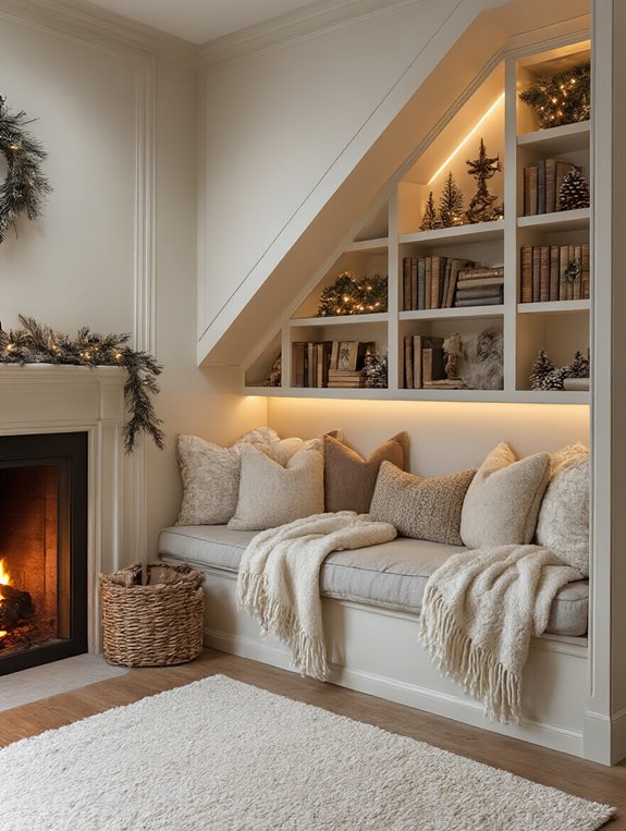 cozy under stairs reading nook