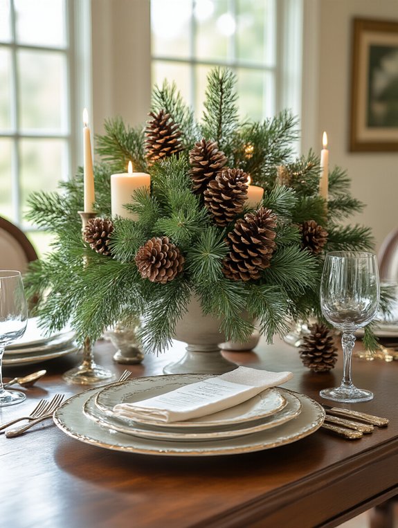 evergreen winter dining centerpiece