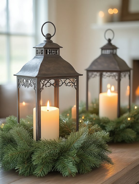 festive metal lanterns wreaths