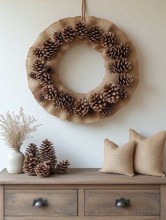 pinecone burlap wall hanging