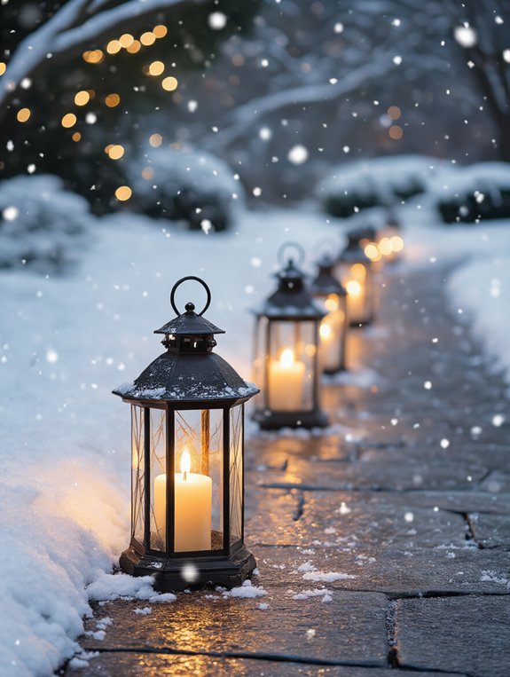 snowy pathways with lanterns