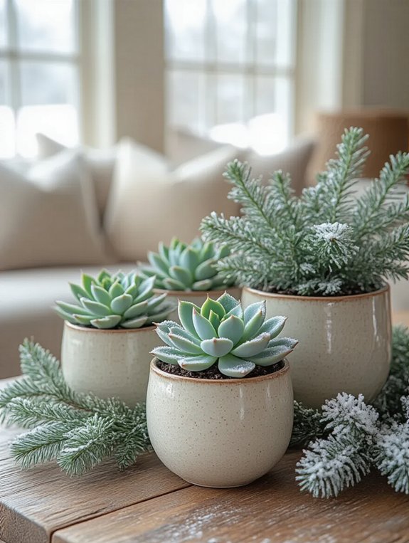 snowy succulent winter decor