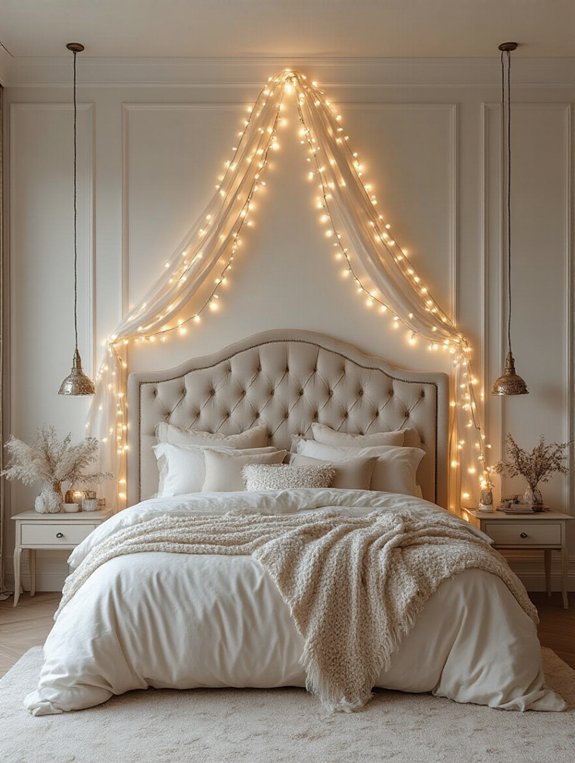 twinkle lights above headboard